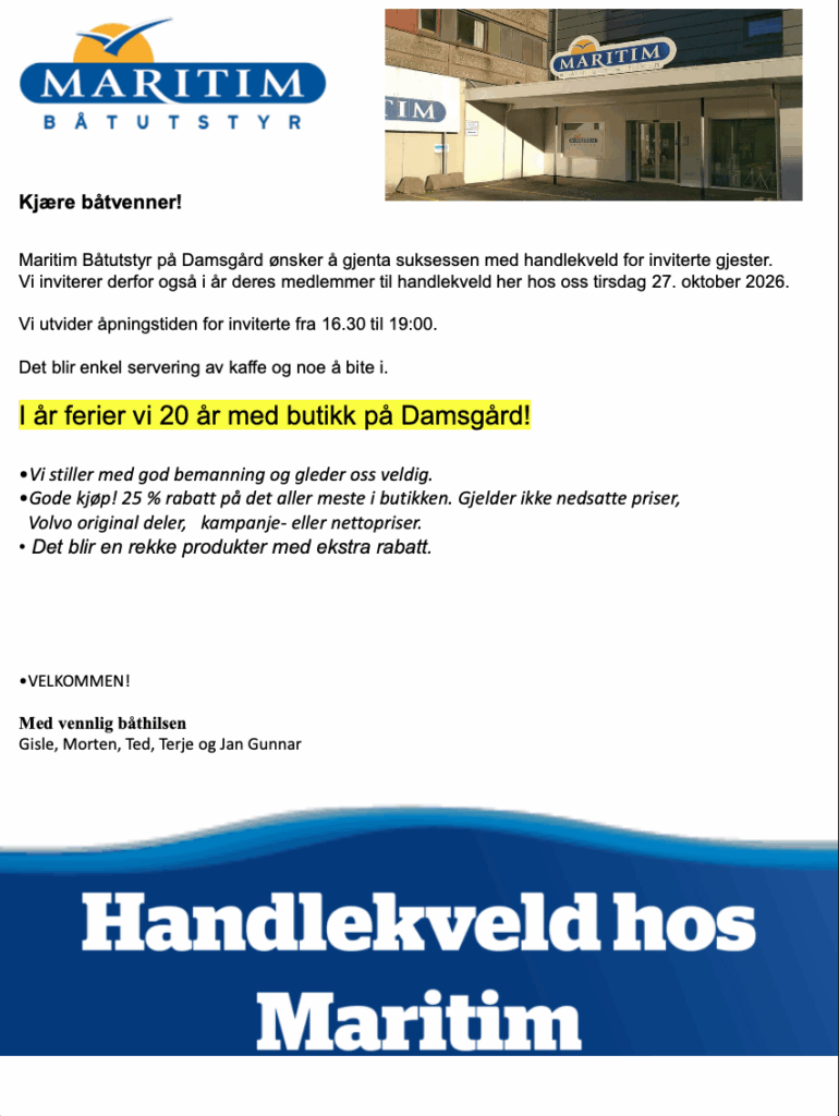 Invitasjon til handlekveld hos Maritim Båtutstyr på Damsgård tirsdag 27. oktober 2026 kl. 16.30–19.00, med enkel servering og 25 % rabatt på det aller meste i butikken