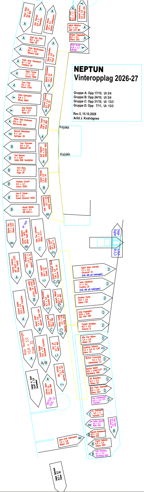 Kart over plassering av båter på vinteropplag 2026–2027